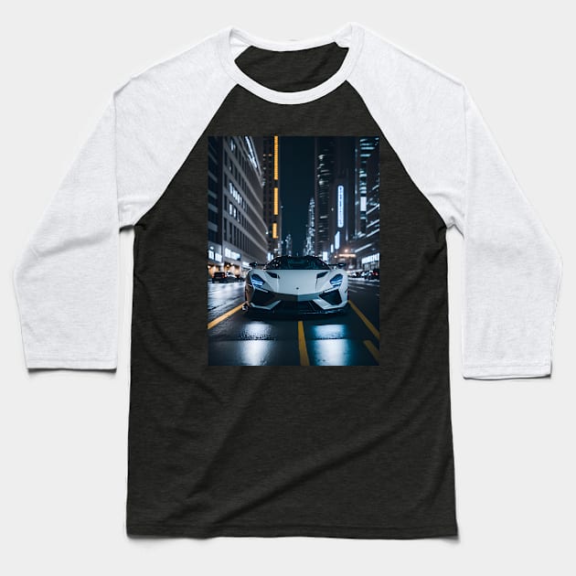 Chicago Night Ride White Sports Car Baseball T-Shirt by star trek fanart and more